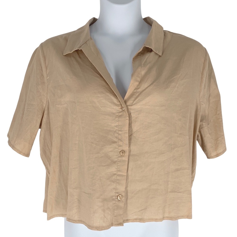 Shade & Shore Tan Linen Blend Button Front Shirt XL Relaxed Casual